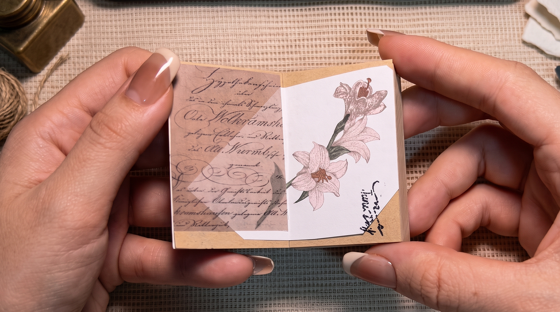 Hands holding open a completed mini journal spread with vellum script overlay and a botanical lily illustration