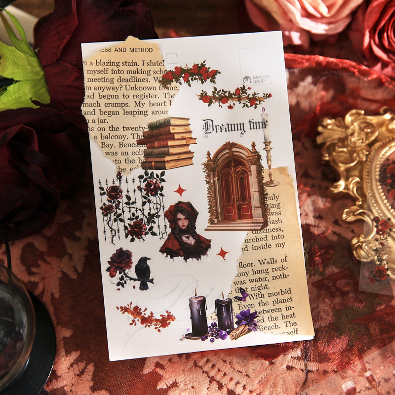 Close-up of vintage gothic sticker with stacked books, candle flames, raven silhouettes, and handwritten literary text on aged parchment background, dark academia aesthetic