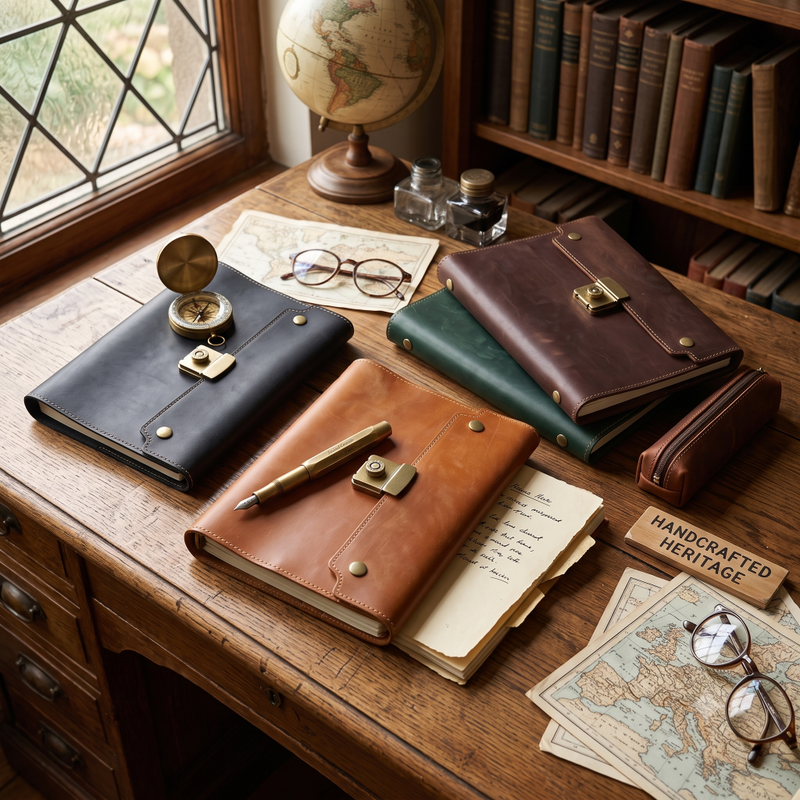 Vintage lock journals and leather diaries with antique brass clasps arranged on a rustic wooden desk with maps, compass, and globe — PaperLooms Lock Journals collection.