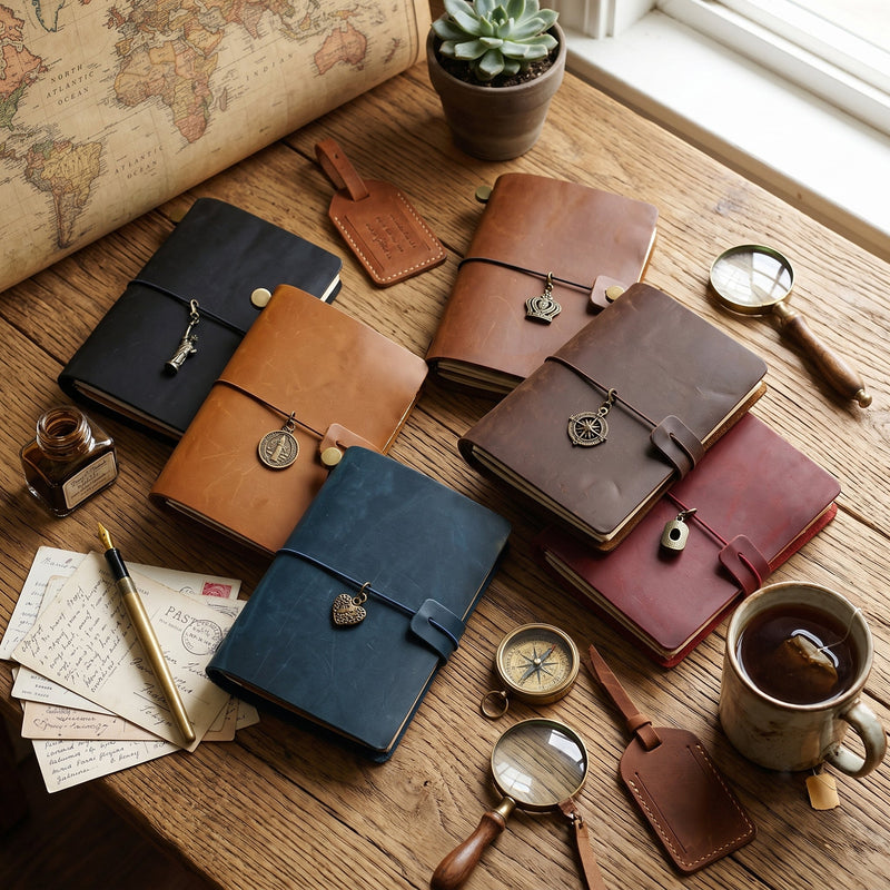 Assorted vintage leather pocket notebooks with antique charms arranged on a rustic wooden desk with old maps, ink, and magnifying glass — PaperLooms Pocket Notebooks collection.
