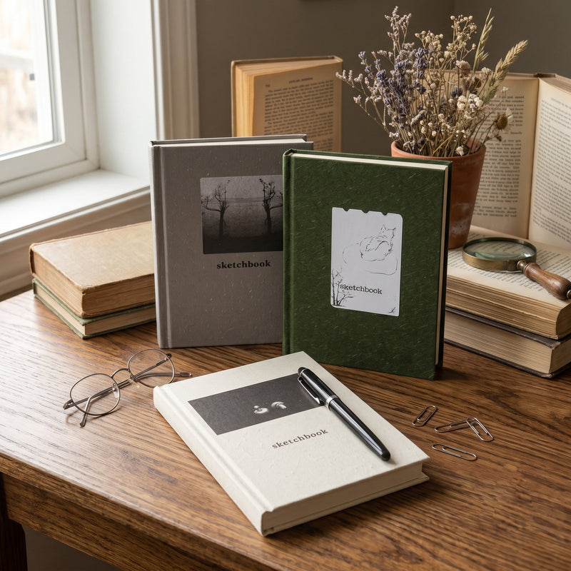 Vintage writing journals and illustrated sketchbooks arranged on a wooden desk with old books, dried flowers, and fountain pen — PaperLooms Writing Journals collection.