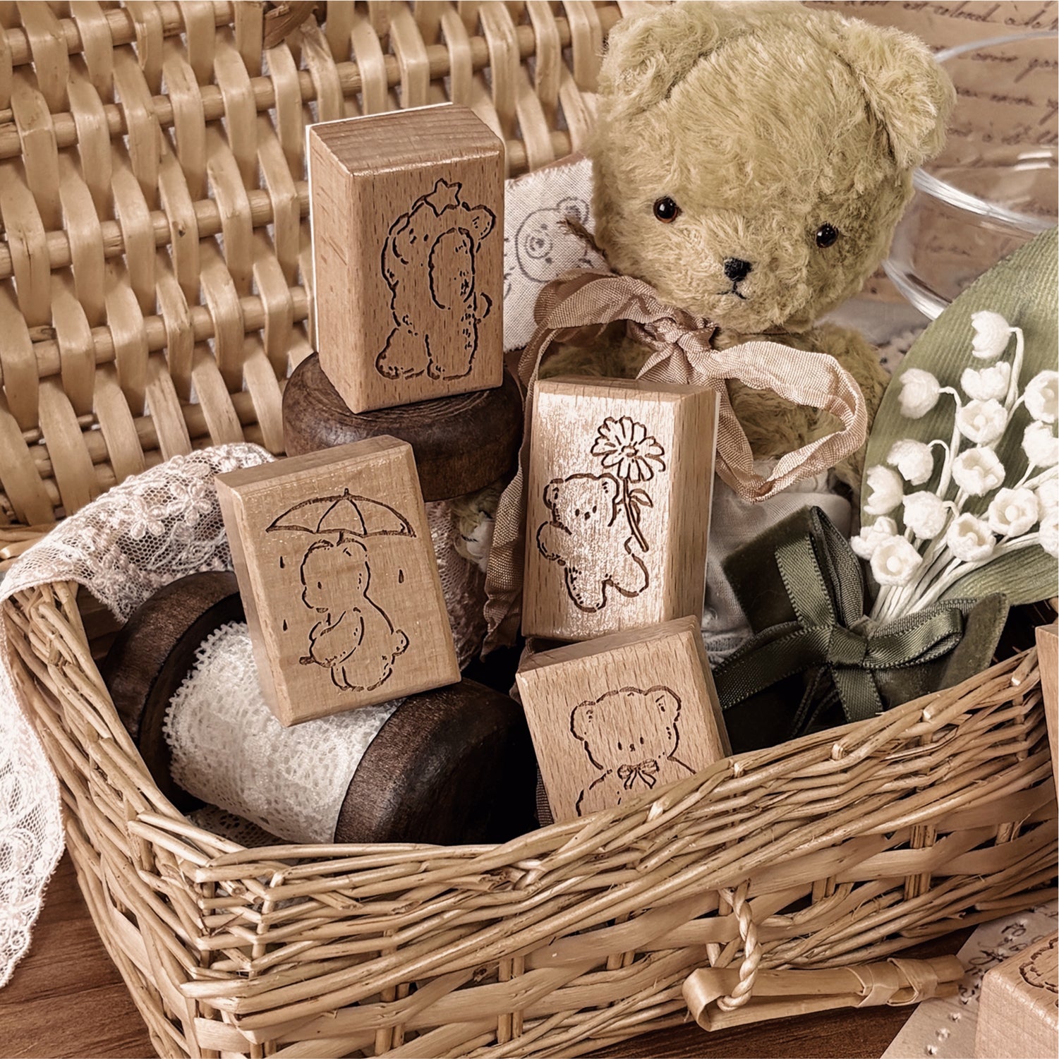 Vintage Hand-Drawn Bear Wooden Rubber Stamps — 8 Whimsical Designs