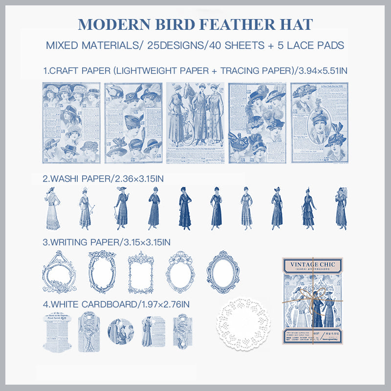 "Vintage European lady with modern bird feather hat decorative craft paper"