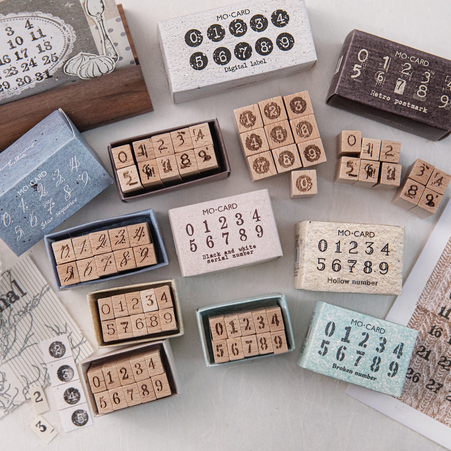 Vintage 0-9 Number Wooden Rubber Stamps — 10 Pcs, 6 Typeface Styles
