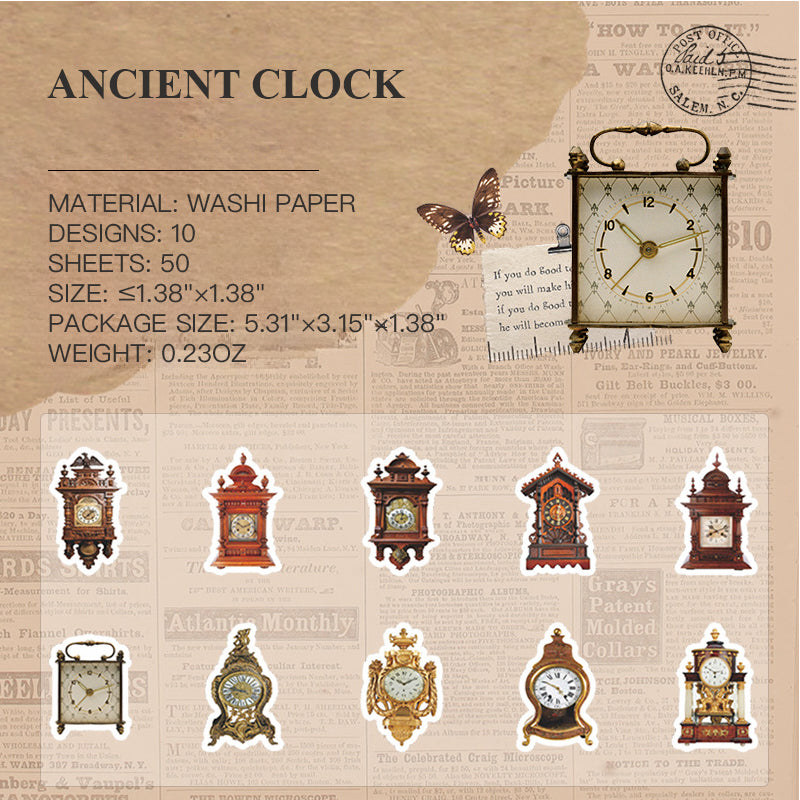 Ancient Clock vintage die-cut washi tape featuring antique timepiece illustrations