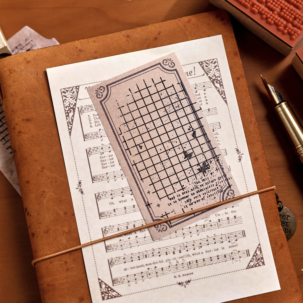 grid texture stamp impression on aged vintage paper junk journal background