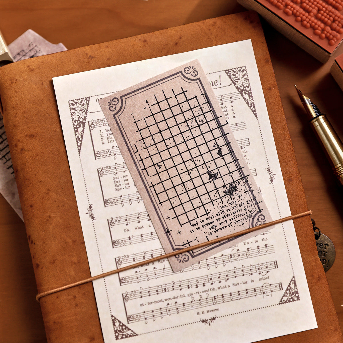 grid texture stamp impression on aged vintage paper junk journal background