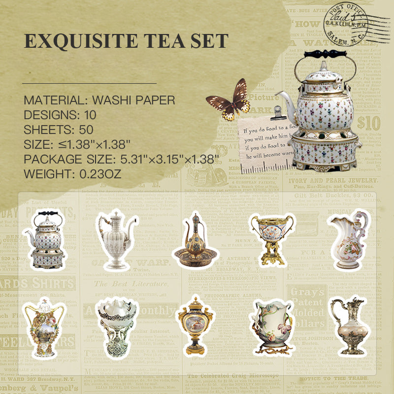 Exquisite Tea Set vintage die-cut washi tape with elegant teacup and teapot designs