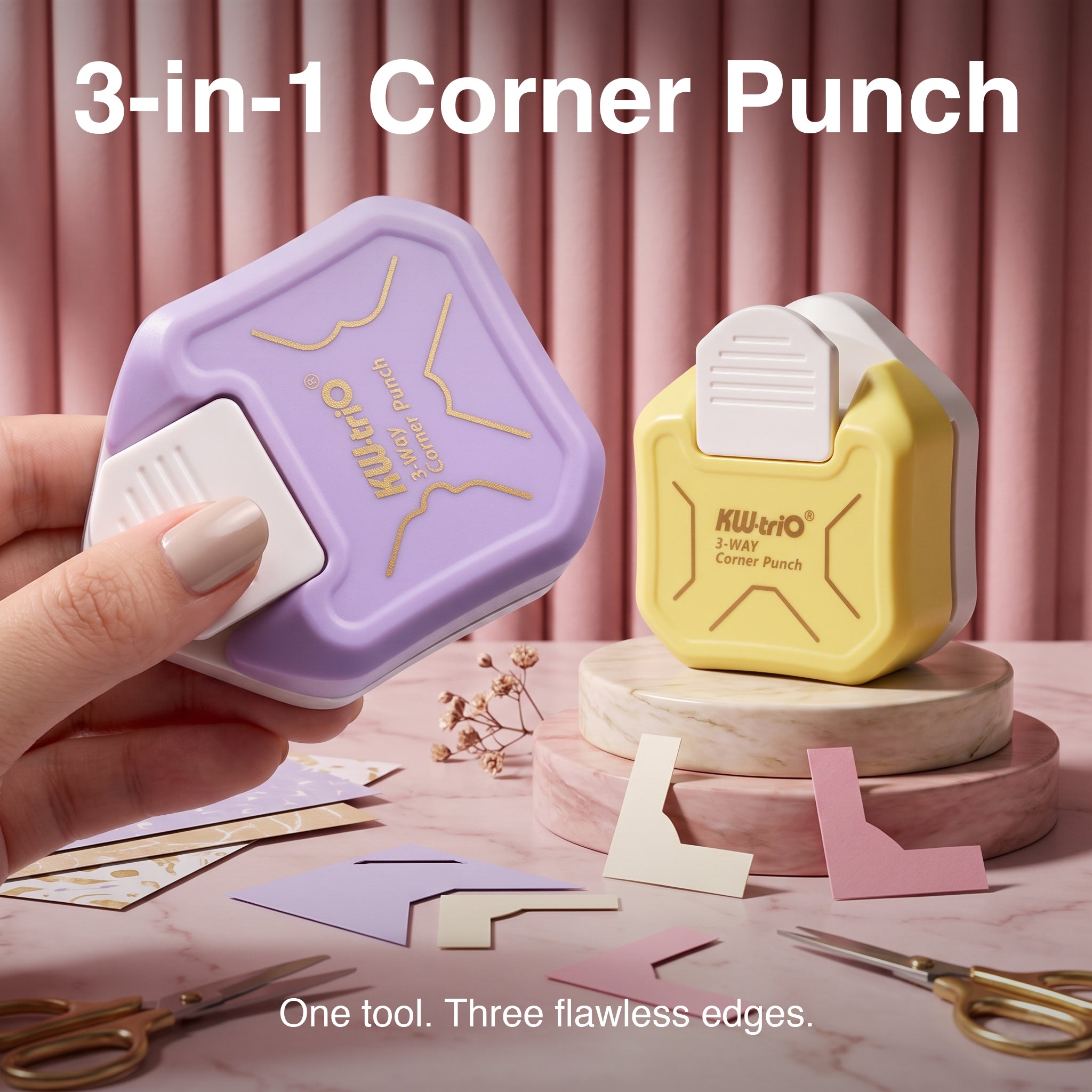 3-in-1 corner rounder purple yellow collection scattered paper cutouts tags photos cards craft desk