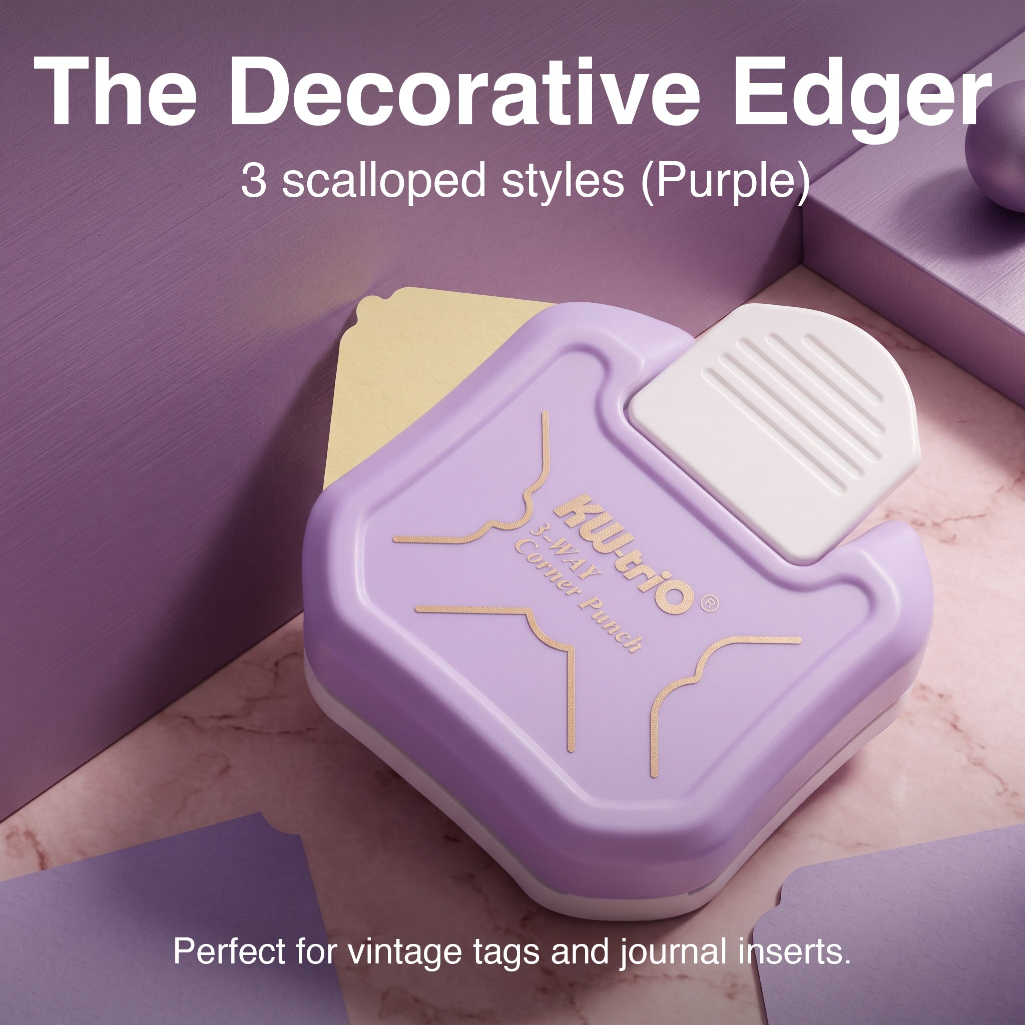 3-in-1 corner rounder purple scalloped edges vintage tags journal inserts paper cutouts craft desk