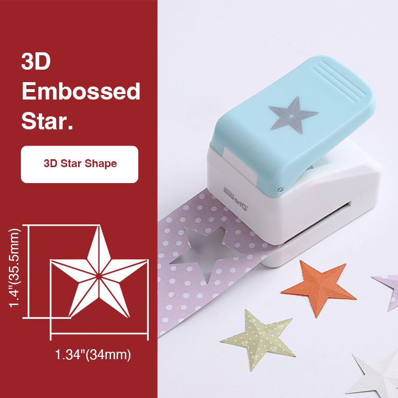 Stamp punch 3D embossed star shape 1.34x1.4 inch 34x35.5mm decorative star cutouts pastel paper background