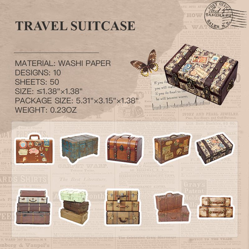 Travel Suitcase vintage die-cut washi tape featuring retro luggage and travel motifs
