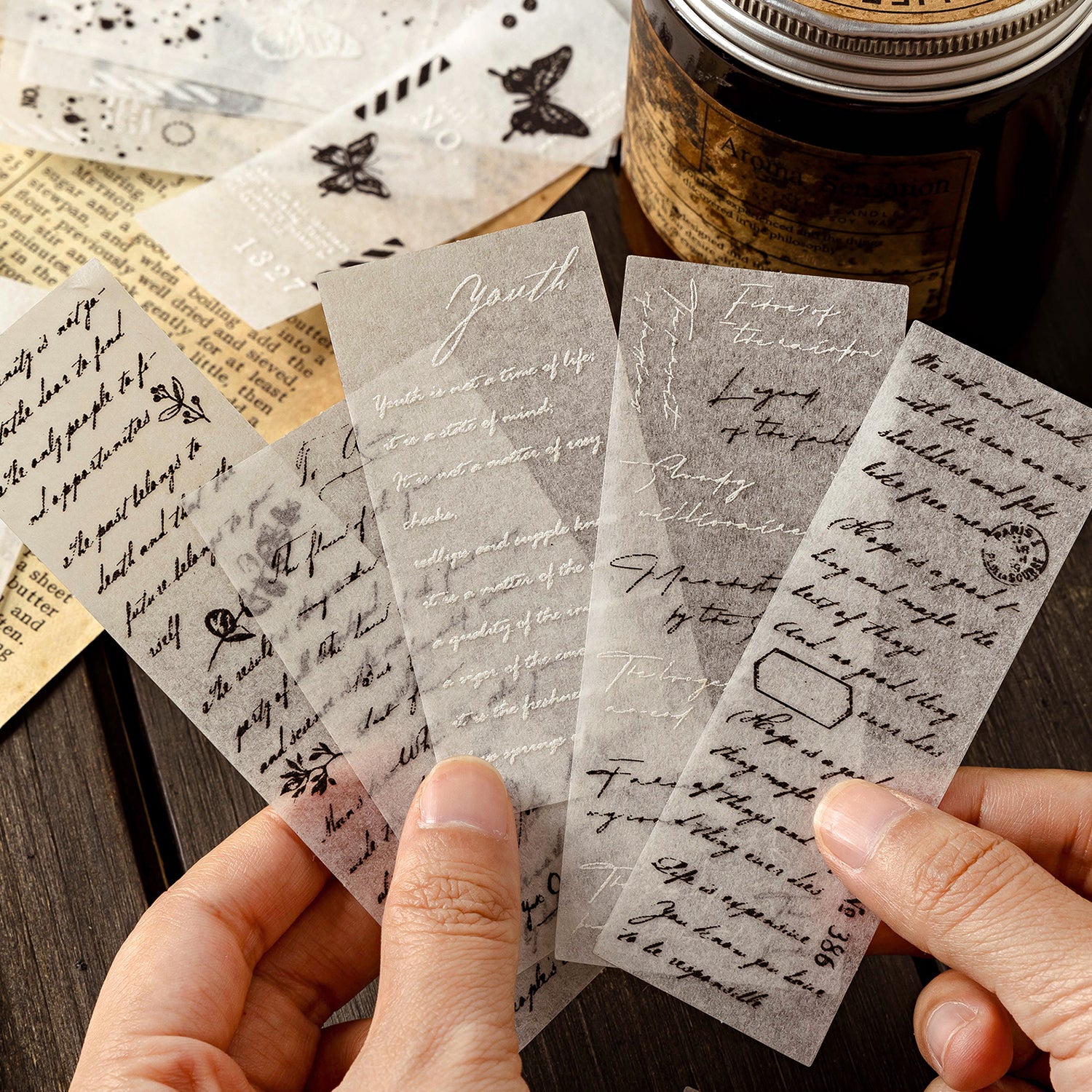 Closeup 3D foam relief texture vintage washi sticker strip detail journal supply