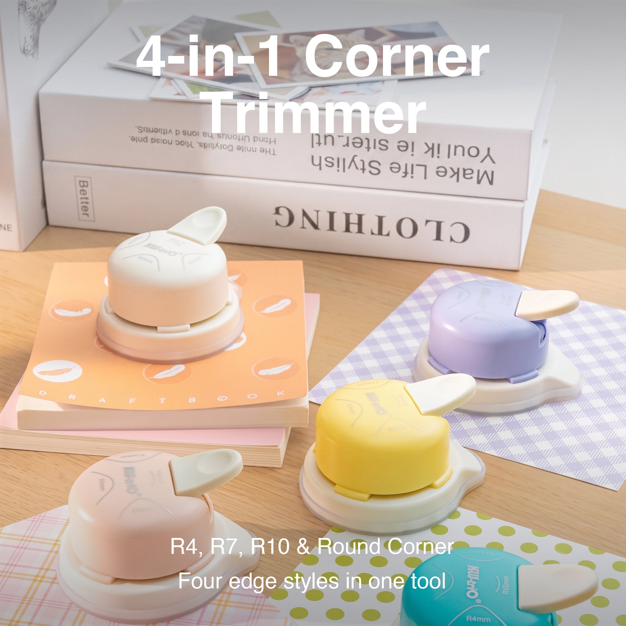 4-in-1 corner rounder collection five pastel colors white pink yellow purple teal craft desk photos