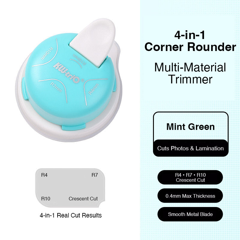 4-in-1 corner rounder mint green R4 R7 R10 crescent cut 0.4mm photos lamination smooth metal blade