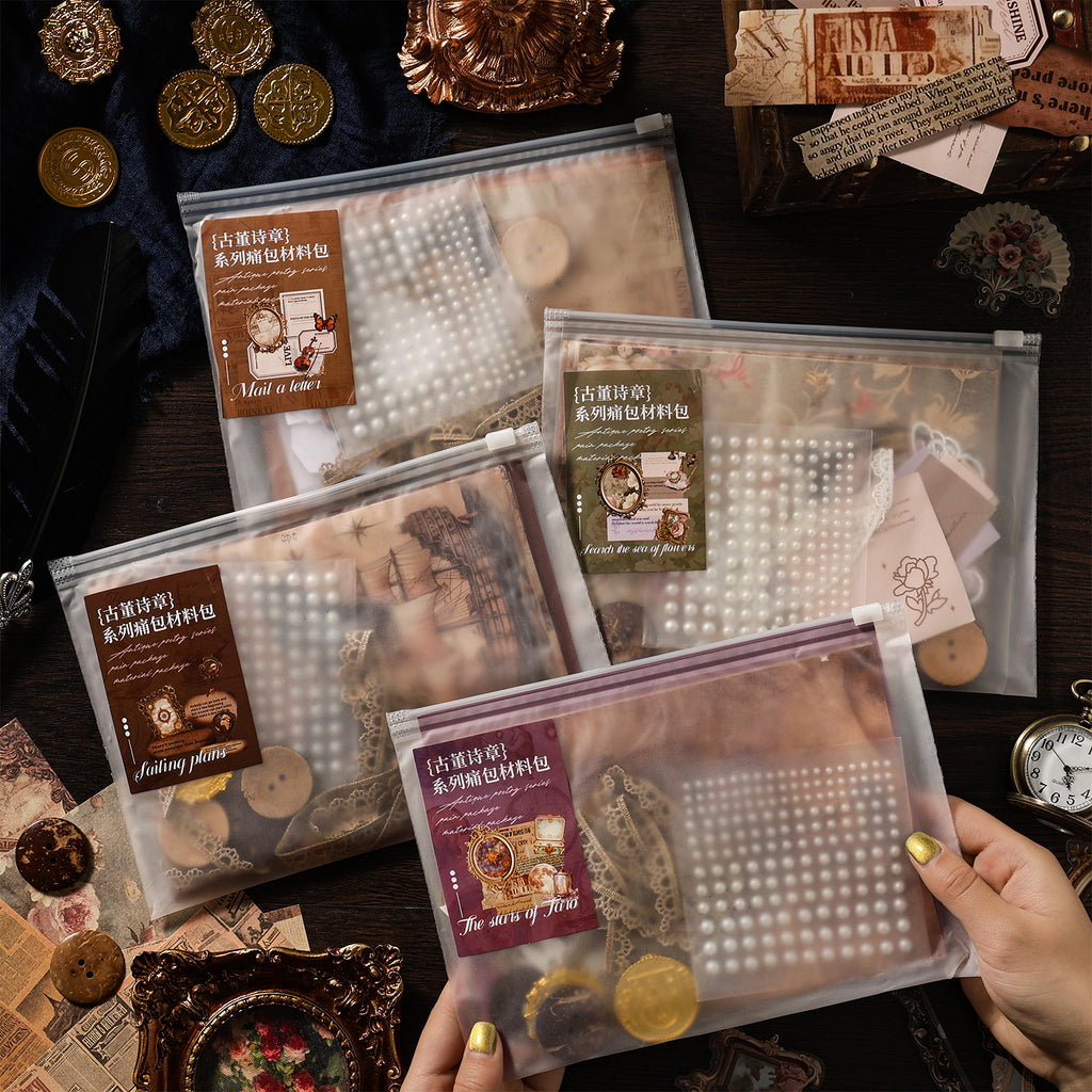 Antique Poetry Chapter vintage collage paper kit - 4 themed sets in reusable frosted zip pouches, styled with gold metal charms and antique frames