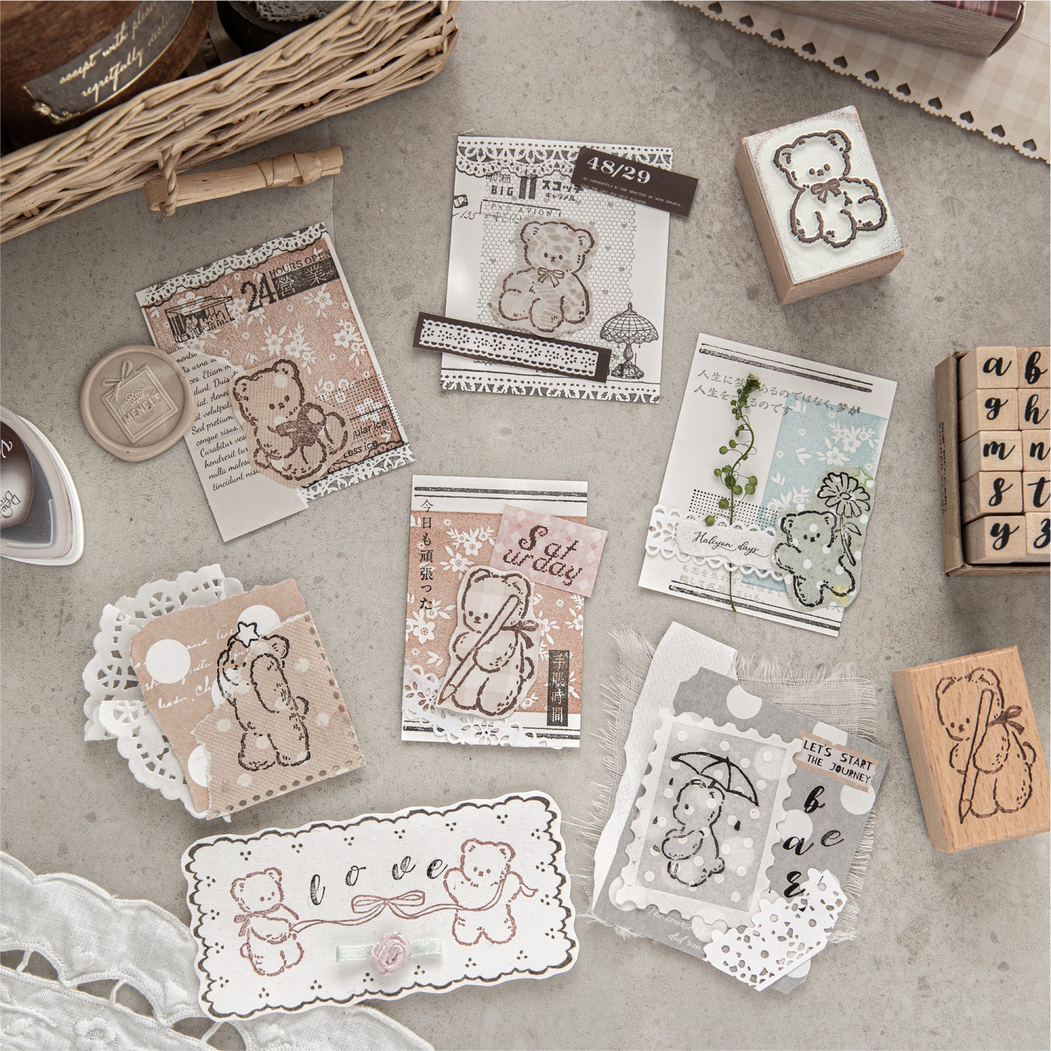 Vintage Hand-Drawn Bear Wooden Rubber Stamps — 8 Whimsical Designs