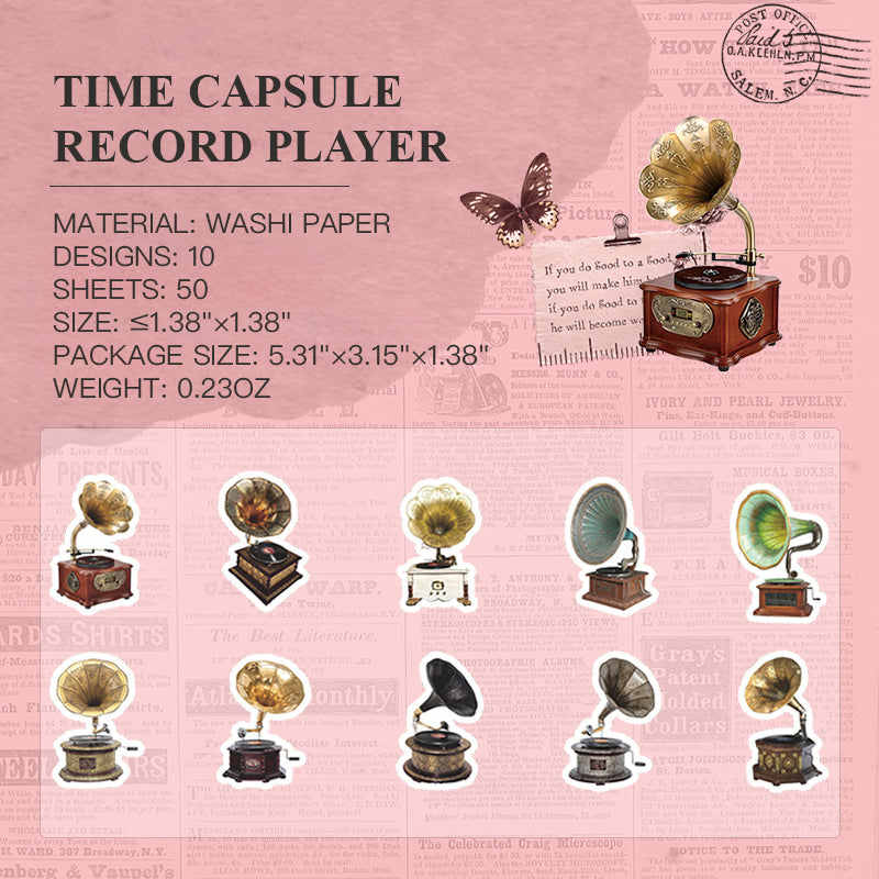 Time Capsule Record Player vintage die-cut washi tape with retro music player designs