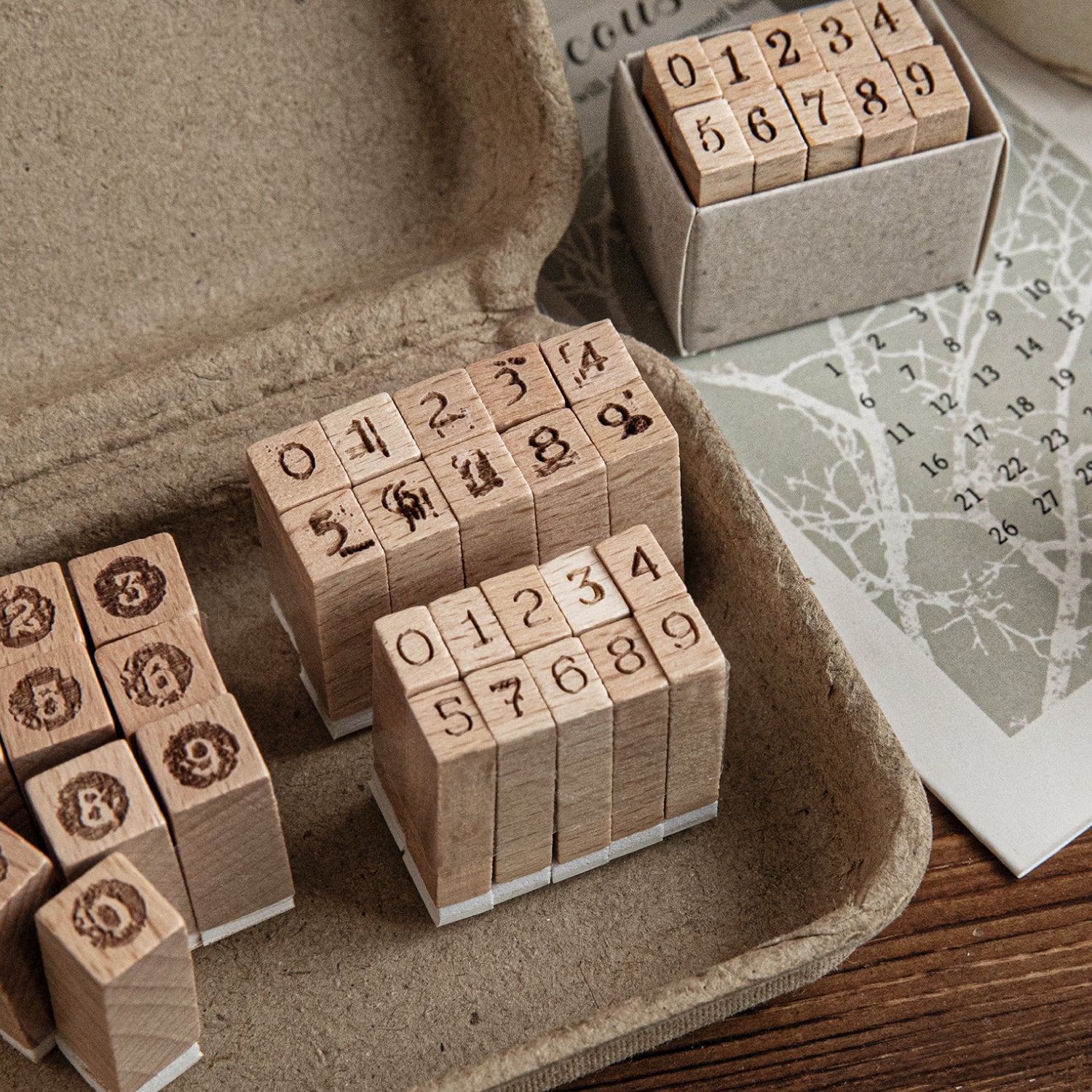 Vintage 0-9 Number Wooden Rubber Stamps — 10 Pcs, 6 Typeface Styles