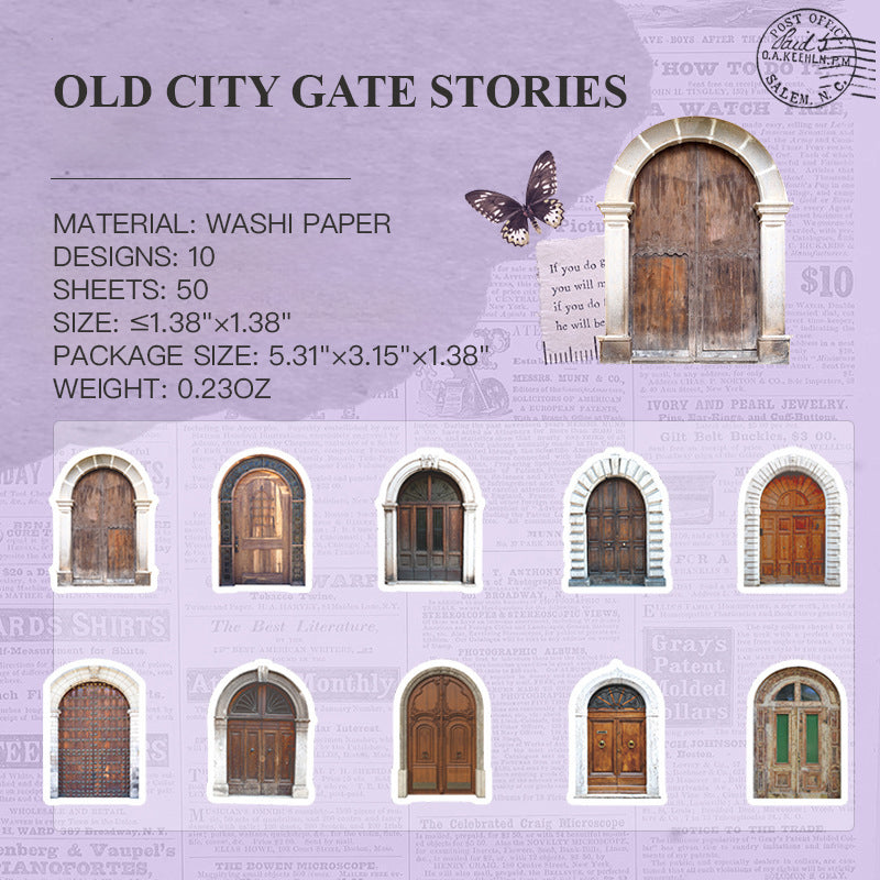 Old City Gate Stories vintage die-cut washi tape featuring historic architecture illustrations