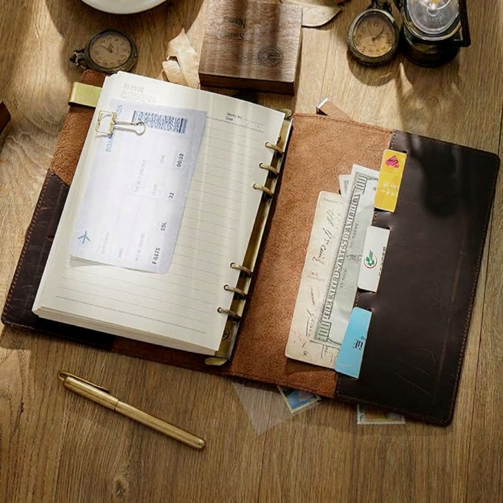Vintage blue leather ring binder journal with washi tape and stickers