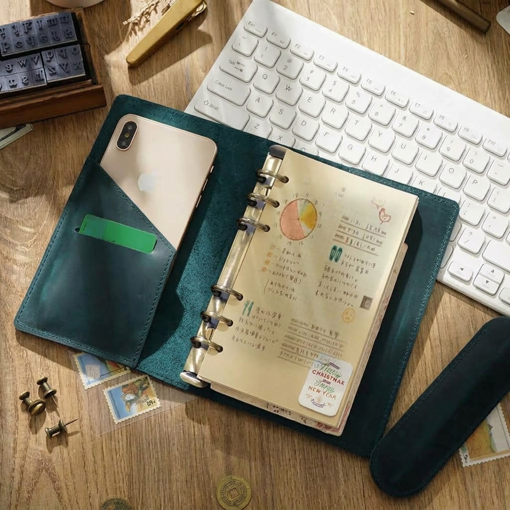 Blue leather ring binder journal with card pockets and pen on desk