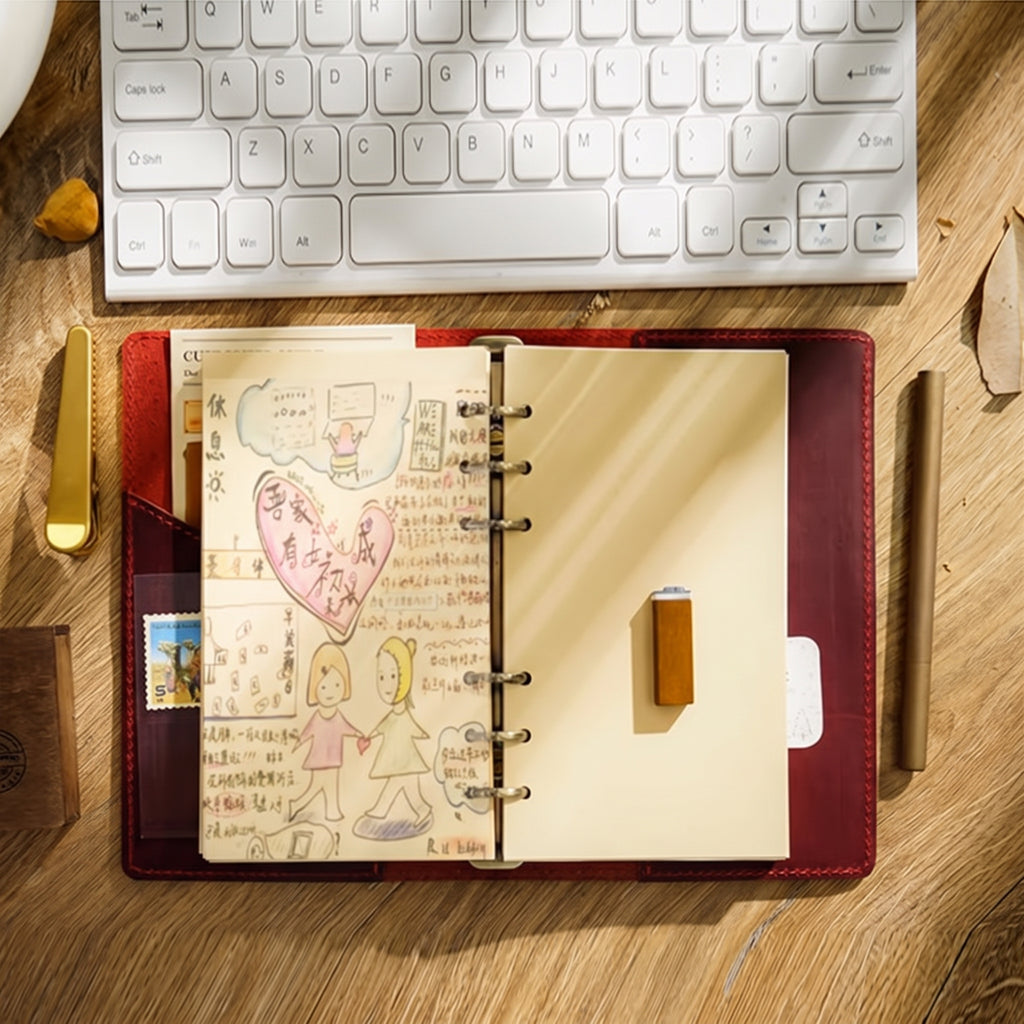 Wine red leather ring binder journal with kraft paper refill pages