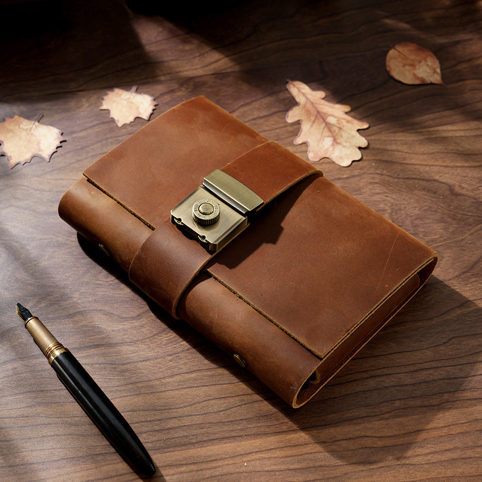 Brown leather lock journal A6 with vintage combination lock and fountain pen