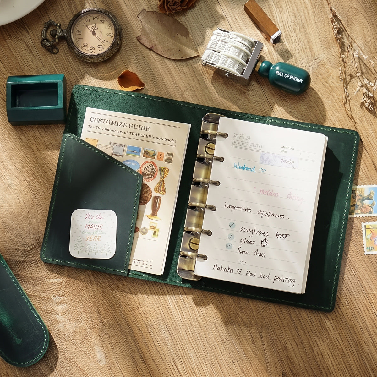 Dark green leather ring binder journal open with journaling stickers