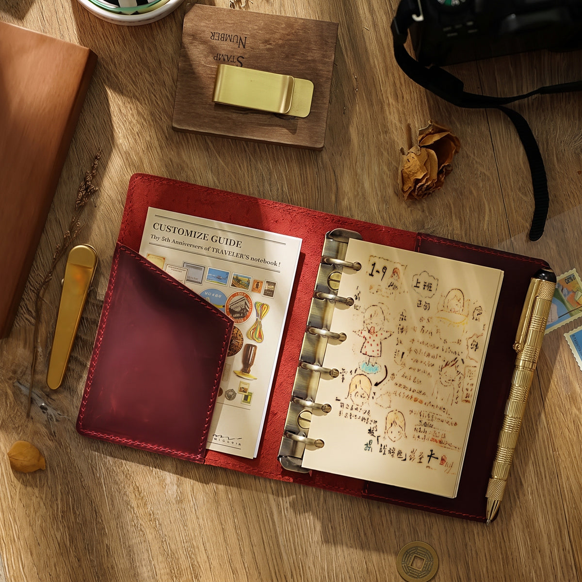 Wine red leather ring binder journal with kraft paper refill pages