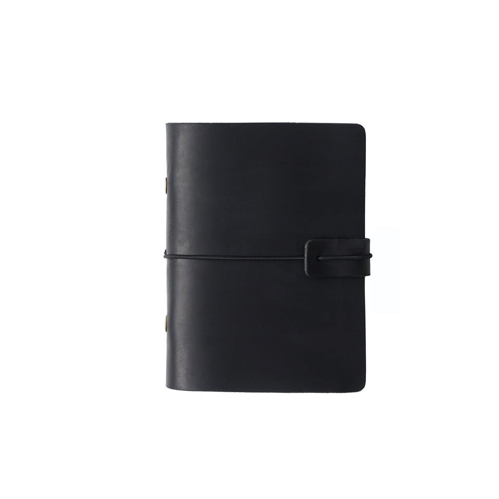 Black crazy horse leather refillable journal cover front view