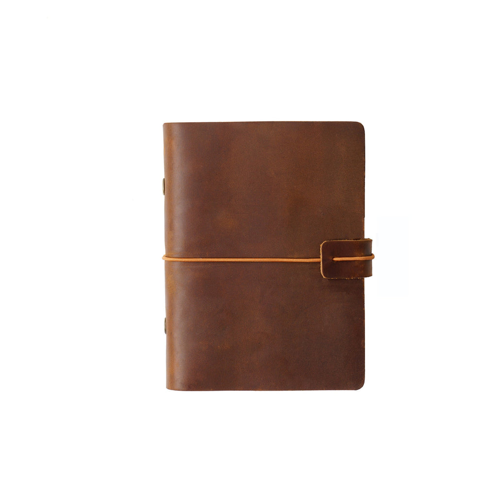 Brown full-grain leather notebook cover front view