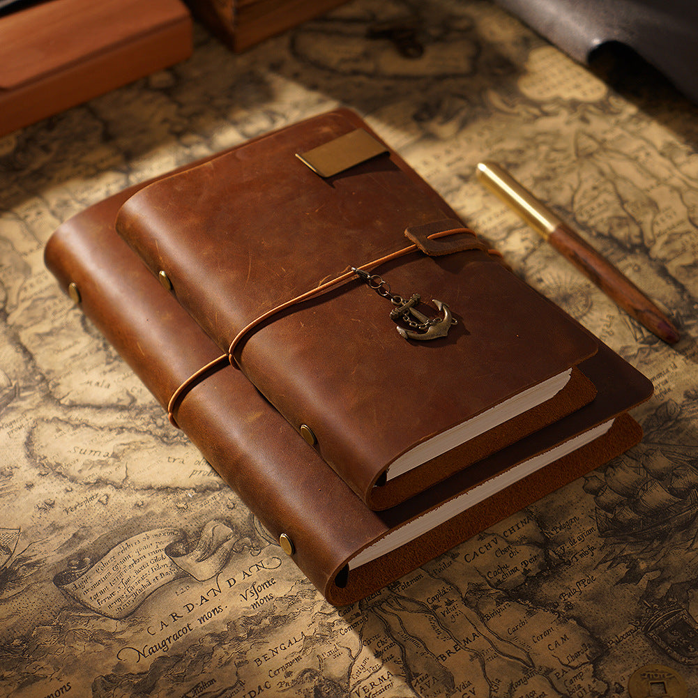 Brown full-grain leather refillable journal on aged world map background