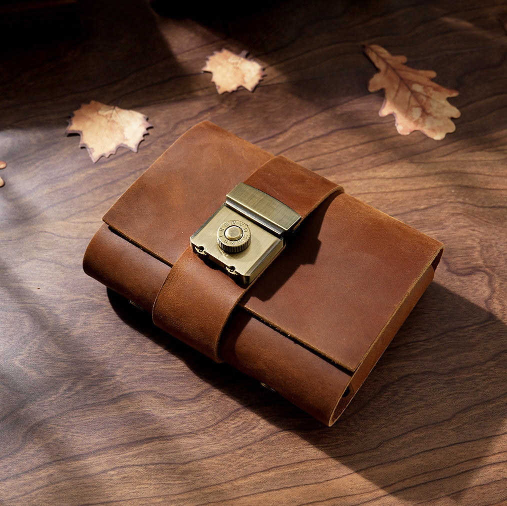 Brown leather lock journal A7 pocket size with vintage combination lock