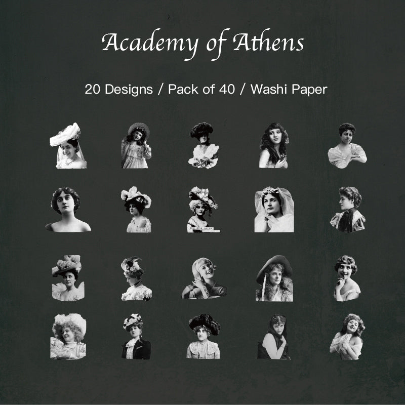 Academy of Athens themed vintage girl sticker with white ink details for classical aesthetic journaling