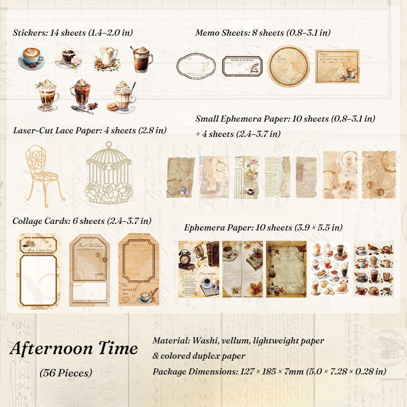 Vintage coffee themed scrapbook ephemera pack featuring cafe stickers, memo sheets, lace paper, and collage cards for junk journal layouts
