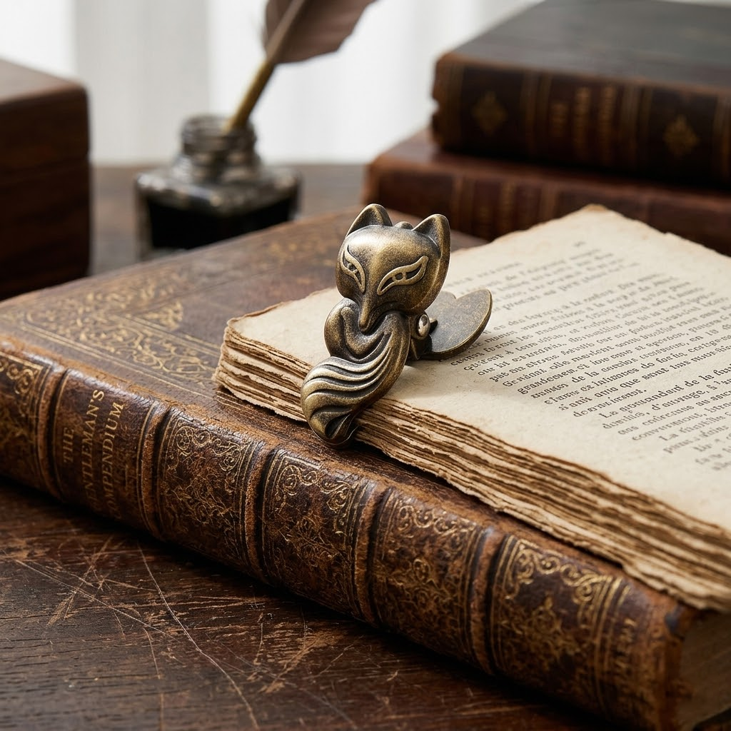 Single Aged Antique Bronze vintage fox metal paper clamp. A heavy-duty antique style book holder clip, perfect for Dark Academia and woodland desk setups.