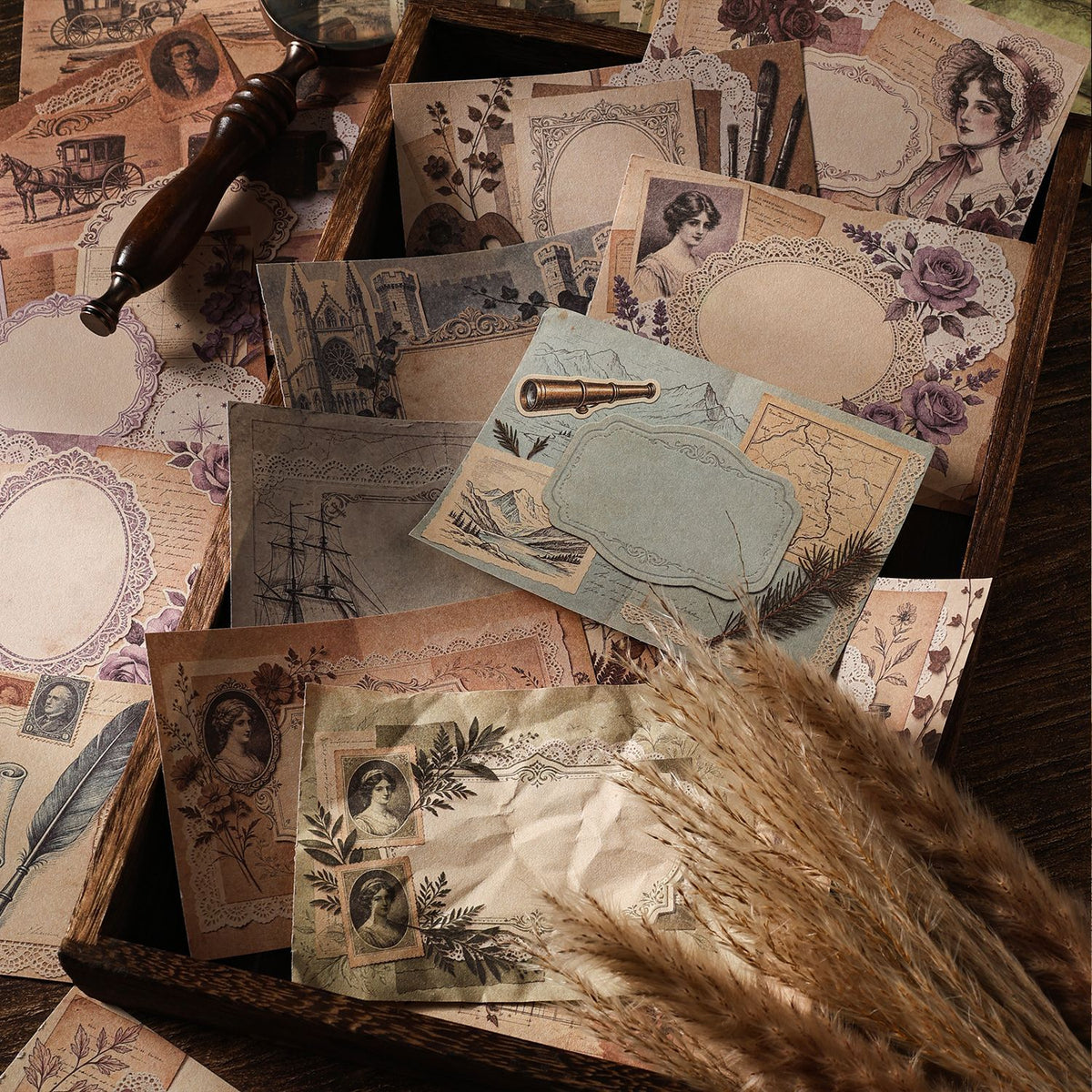 Dark desk scene with aged papers, teapot and magnifier 