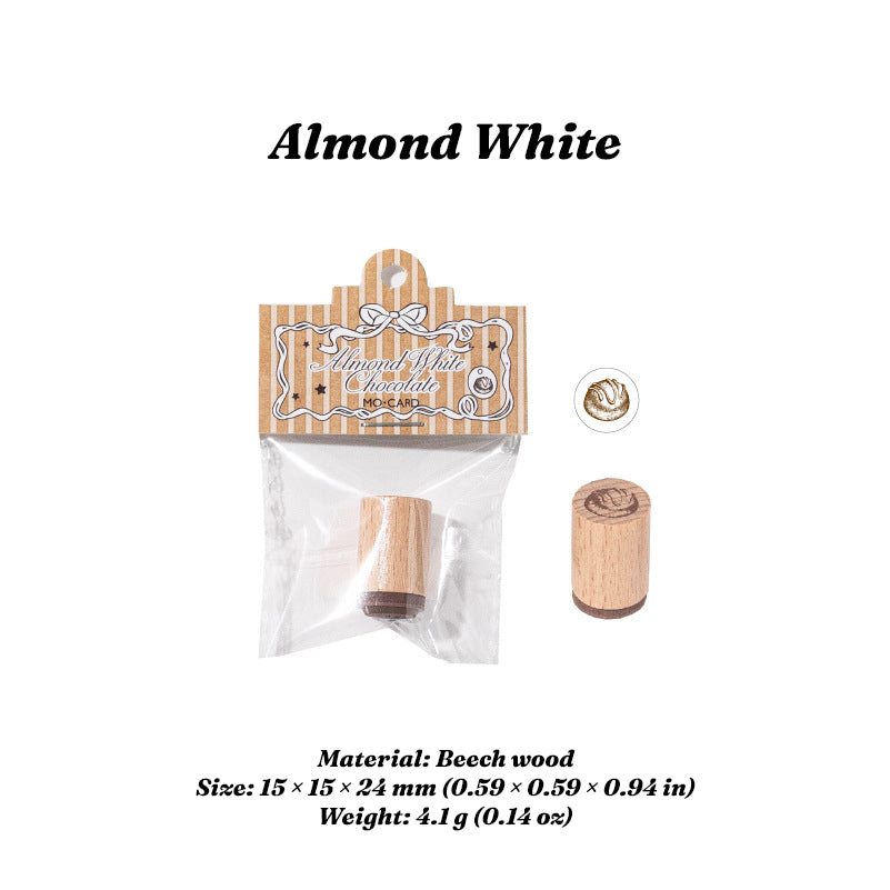 Almond White stamp with beech wood handle and product packaging