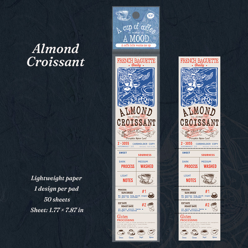 Almond Croissant coffee theme tear-off notepad design showing blue vintage French bakery and pastry prints on 1.77 x 7.87 inch lightweight paper strip, 50 sheets per pad