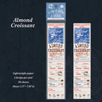 Almond Croissant coffee theme tear-off notepad design showing blue vintage French bakery and pastry prints on 1.77 x 7.87 inch lightweight paper strip, 50 sheets per pad