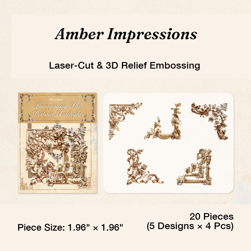 Variant image for the Amber Impressions style of the 3D relief floral corner frame ephemera. Showcases 20 laser-cut pieces in warm yellow and amber hues featuring detailed sunflower and daisy motifs with deep debossed texture.
