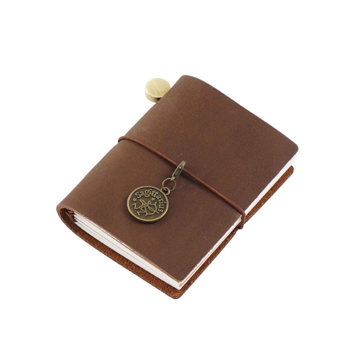 Amber tea brown oil wax genuine leather mini pocket notebook featuring a glossy vintage finish and metal charm