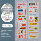 American Clipping PET tape with colorful vintage magazine ad cutouts bold headlines and retro promotional labels in red yellow and blue on clear backing