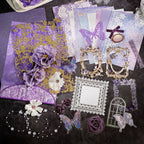 Variant image of the Amethyst Twilight style Premium Mixed Media Junk Journal Kit in its purple and violet packaging. Shows the 30 mythical pieces including elaborate laser-cut butterfly frames, holographic PET stars and gauze elements, and mystic textured background papers.