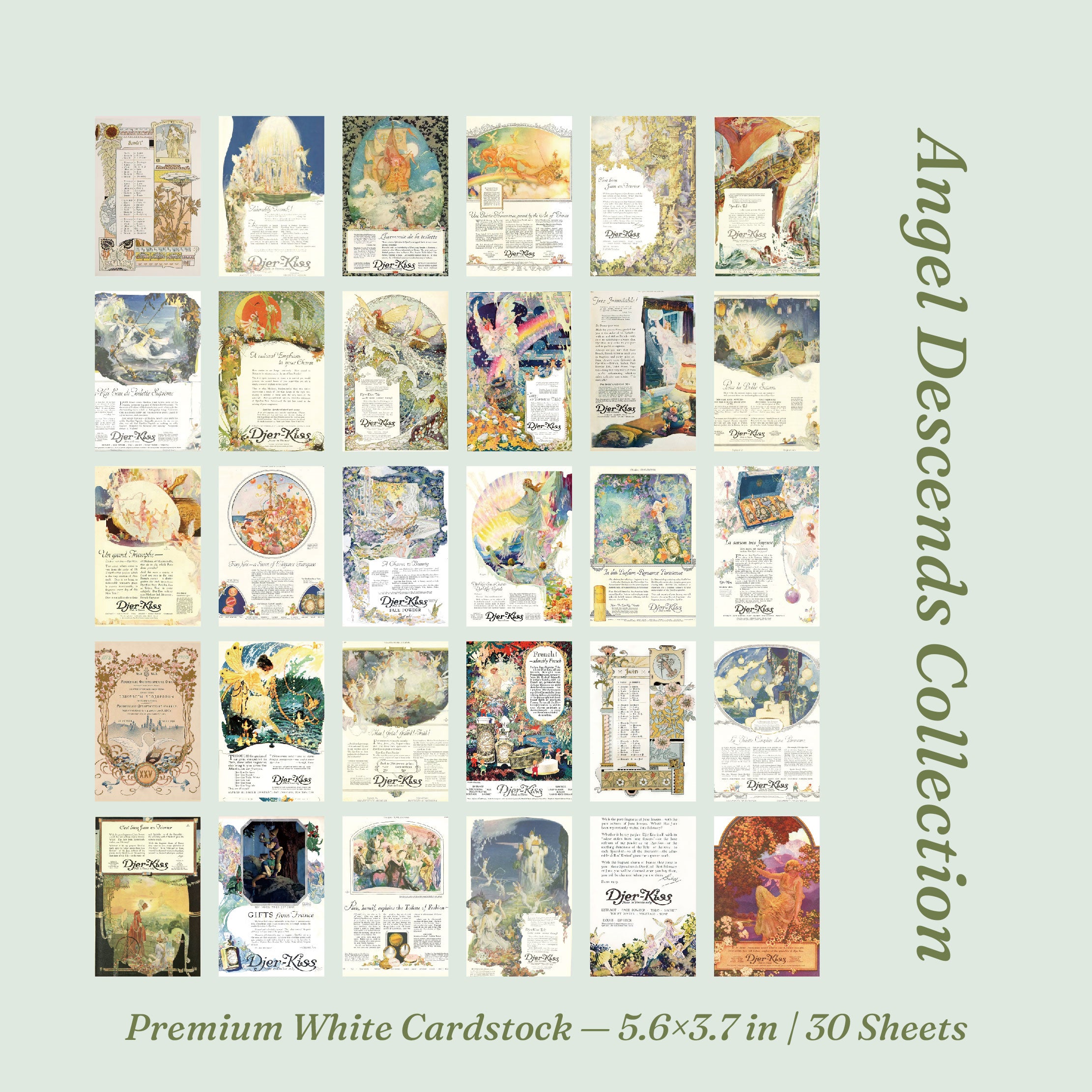 Angel Descends collection showing all 30 unique vintage postcard designs arranged in grid, premium white cardstock 5.6x3.7 inch, floral illustration and classical figure ephemera for junk journals