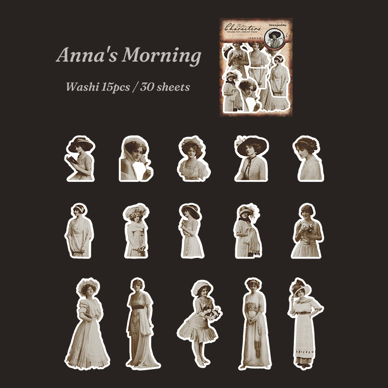 Sepia Edwardian lady stickers with die-cut white borders on dark background, featuring long dresses and ornate hats.