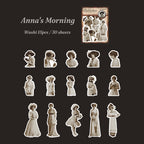 Sepia Edwardian lady stickers with die-cut white borders on dark background, featuring long dresses and ornate hats.