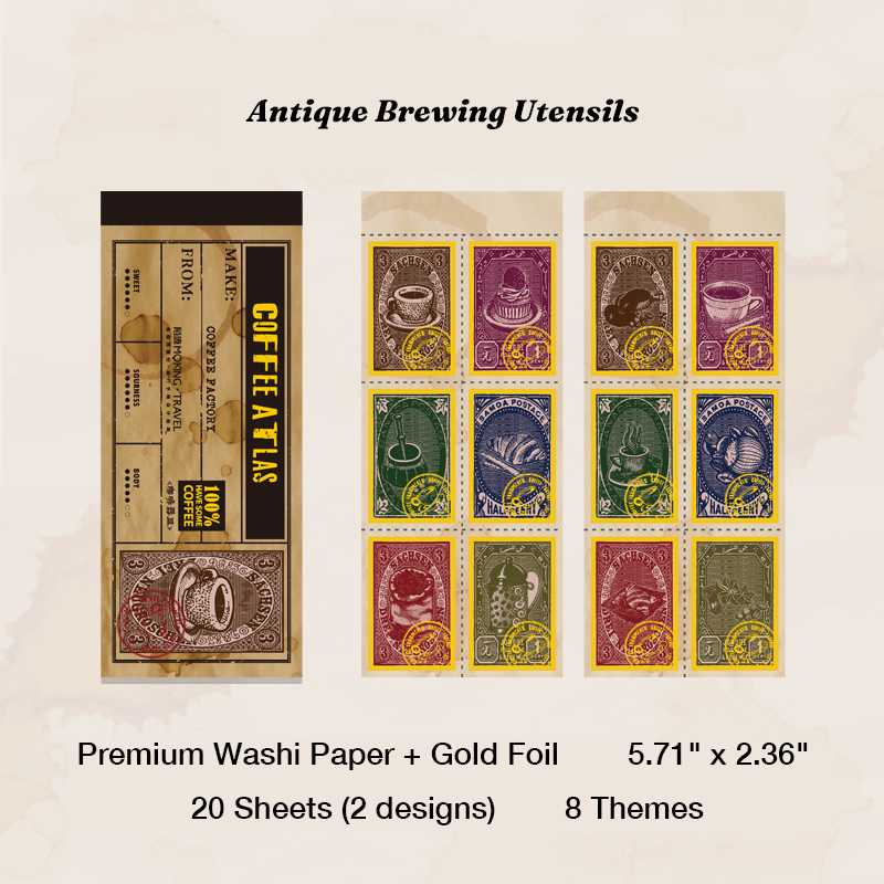 Antique coffee brewing utensils vintage gold foil stickers