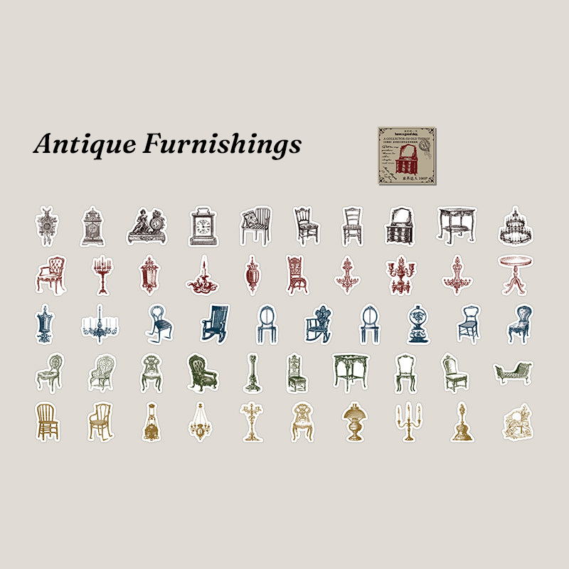 Antique furnishings and Victorian parlor monochrome stickers for ephemera layering